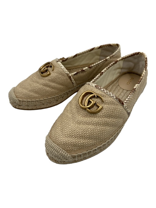 Gucci Shoe Size 38.5 Tan & brown Woven Straw Leather trim Gold Logo Espadrille Tan & brown / 38.5