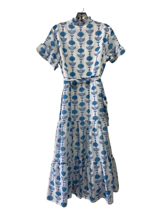 J. Marie Size S White & Blue Cotton Floral 1/2 Button Ruffle short sleeve Dress White & Blue / S