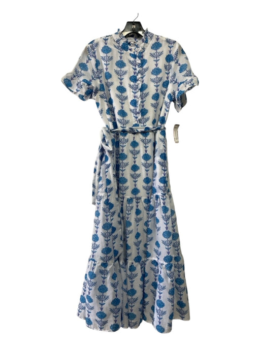 J. Marie Size S White & Blue Cotton Floral 1/2 Button Ruffle short sleeve Dress White & Blue / S