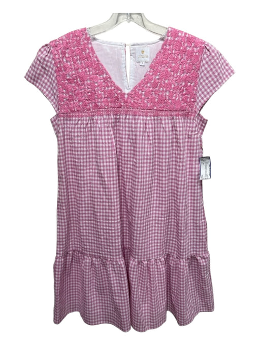 J. Marie Size S Pink & White Cotton Gingham Floral Embroidery V Neck Dress Pink & White / S