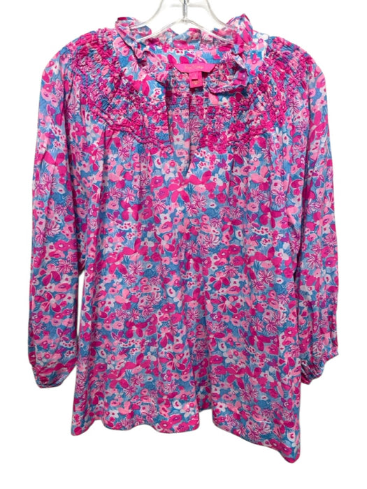 Lilly Pulitzer Size S Pink & blue Cotton Blend Smocked Floral V Neck Top Pink & blue / S