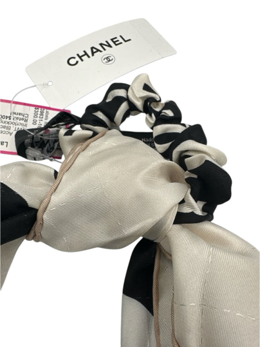 Chanel Black, White & Beige Silk Interlocking CC Hair Tie Hair Accessories/Tools Black, White & Beige