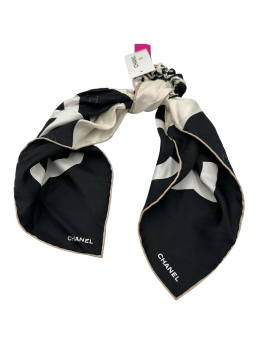 Chanel Black, White & Beige Silk Interlocking CC Hair Tie Hair Accessories/Tools Black, White & Beige