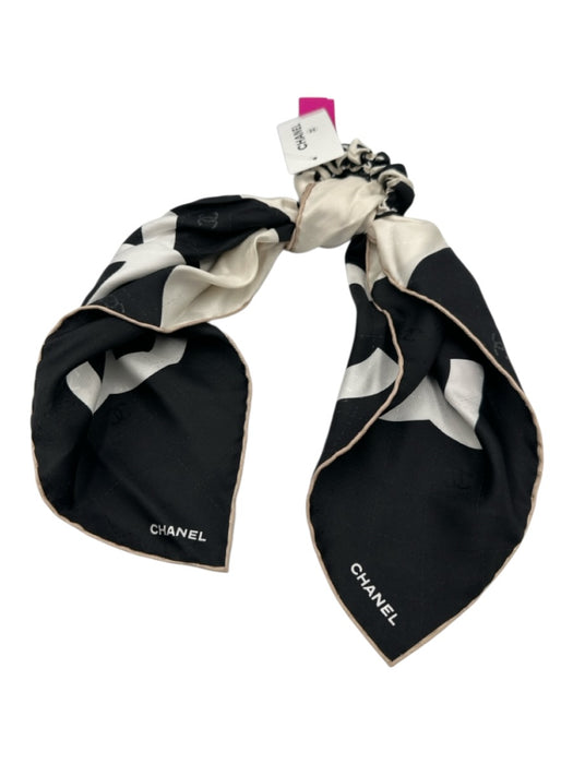 Chanel Black, White & Beige Silk Interlocking CC Hair Tie Hair Accessories/Tools Black, White & Beige