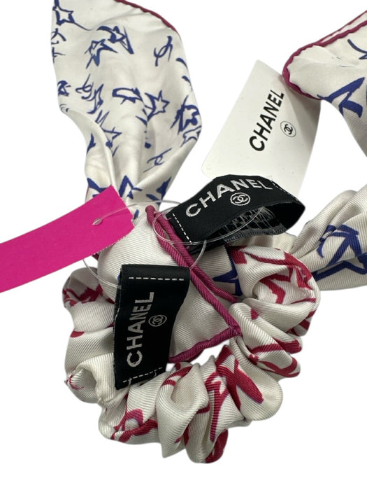 Chanel White, Blue & Pink Silk Stars Hair Tie Scarf Hair Accessories/Tools White, Blue & Pink