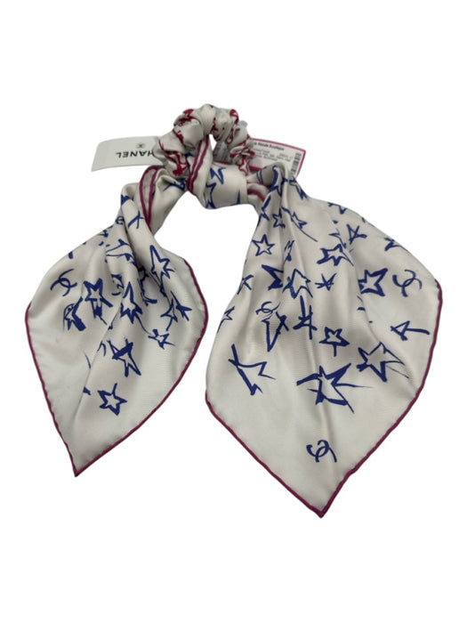 Chanel White, Blue & Pink Silk Stars Hair Tie Scarf Hair Accessories/Tools White, Blue & Pink