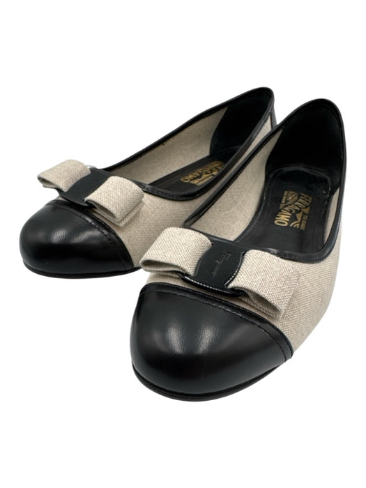Salvatore Ferragamo Shoe Size 11 Cream Beige & Black Bow detail Toe Cap Flats Cream Beige & Black / 11
