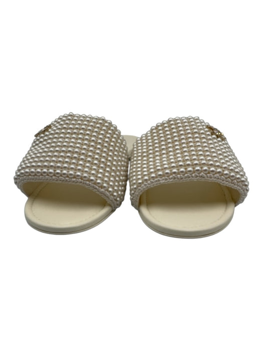 Chanel Shoe Size 41 White Leather Faux Pearl Rhinestone Logo Peep Toe Sandals White / 41