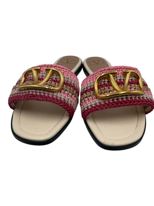 Valentino Garavani Shoe Size 41 Pink & Gold Textile Crochet Stripe Slide Sandals Pink & Gold / 41
