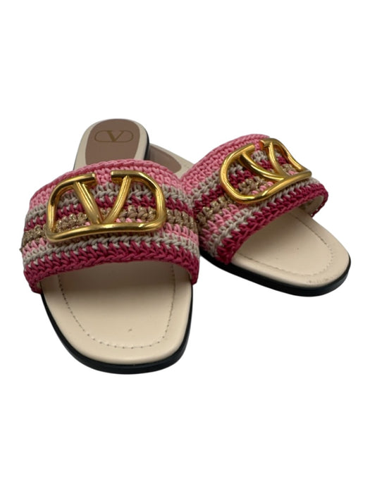 Valentino Garavani Shoe Size 41 Pink & Gold Textile Crochet Stripe Slide Sandals Pink & Gold / 41