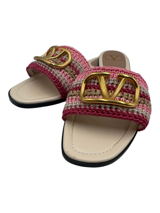 Valentino Garavani Shoe Size 41 Pink & Gold Textile Crochet Stripe Slide Sandals Pink & Gold / 41