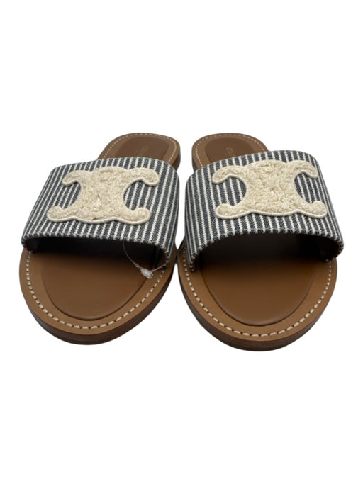 Celine Shoe Size 42 Blue & White Canvas Logo Stripe Mule Slides Sandals Blue & White / 42