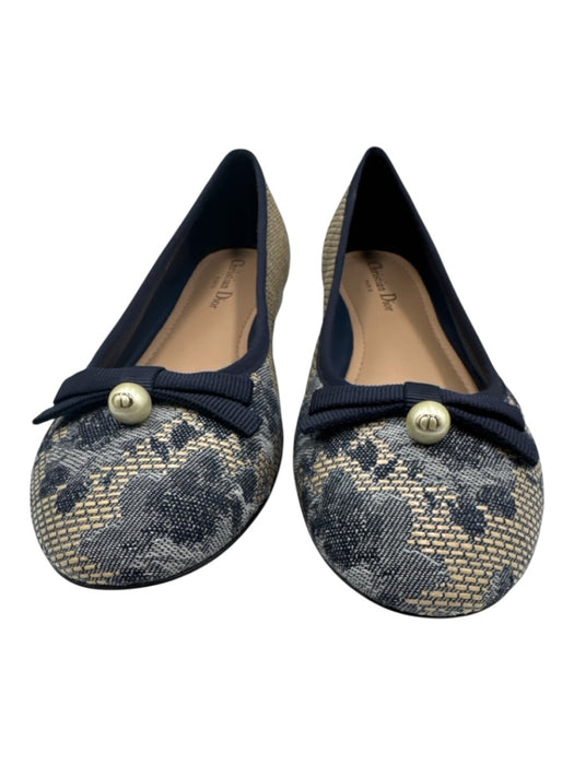 Dior Shoe Size 42 Blue & Beige Canvas Bow detail Round Toe Floral Ballet Flats Blue & Beige / 42