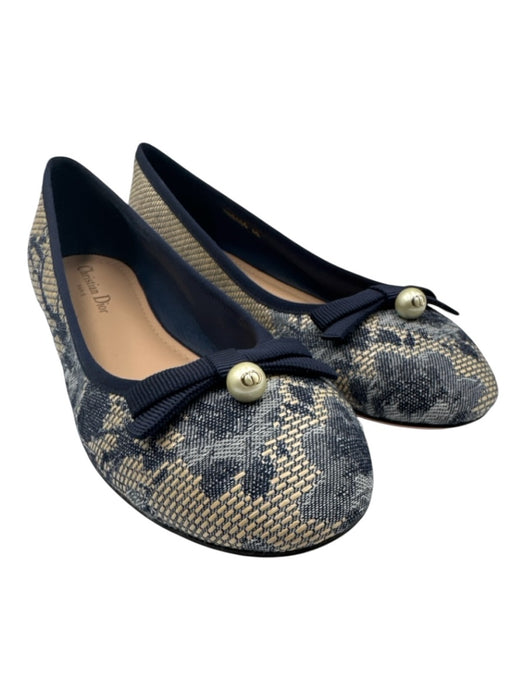 Dior Shoe Size 42 Blue & Beige Canvas Bow detail Round Toe Floral Ballet Flats Blue & Beige / 42