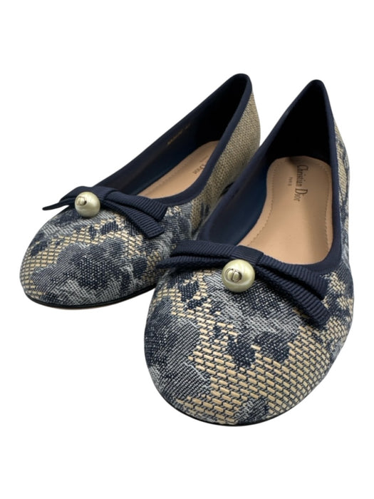 Dior Shoe Size 42 Blue & Beige Canvas Bow detail Round Toe Floral Ballet Flats Blue & Beige / 42