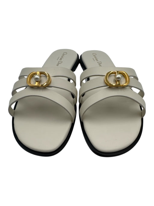 Christian Dior Shoe Size 41.5 Off White Leather Faux Pearl Gold Logo Sandals Off White / 41.5