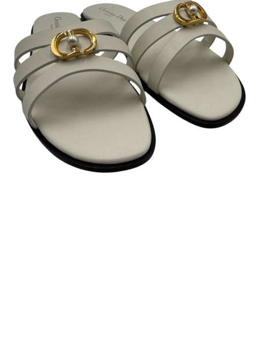 Christian Dior Shoe Size 41.5 Off White Leather Faux Pearl Gold Logo Sandals Off White / 41.5