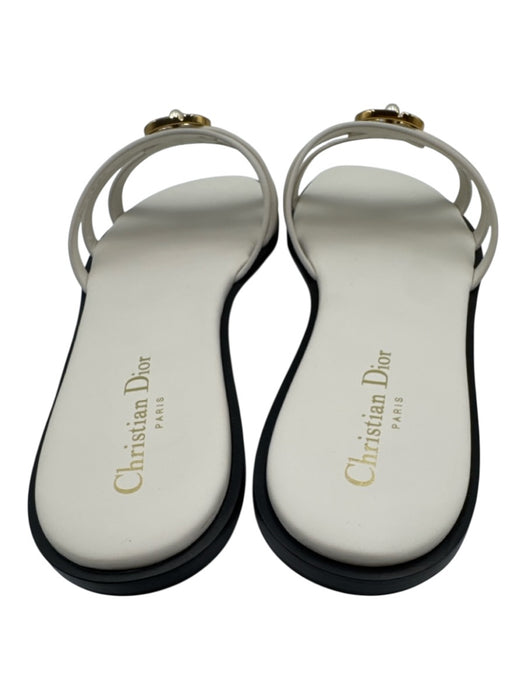 Christian Dior Shoe Size 41.5 Off White Leather Faux Pearl Gold Logo Sandals Off White / 41.5