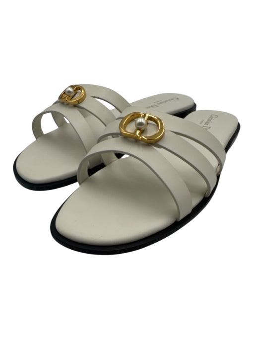 Christian Dior Shoe Size 41.5 Off White Leather Faux Pearl Gold Logo Sandals Off White / 41.5