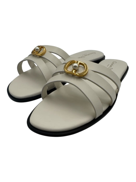 Christian Dior Shoe Size 41.5 Off White Leather Faux Pearl Gold Logo Sandals Off White / 41.5