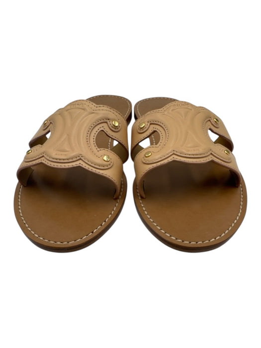 Celine Shoe Size 41 Light Brown Calfskin Leather Slide Triomphe Flats Sandals Light Brown / 41