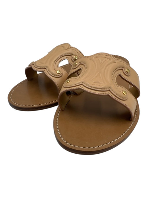 Celine Shoe Size 41 Light Brown Calfskin Leather Slide Triomphe Flats Sandals Light Brown / 41