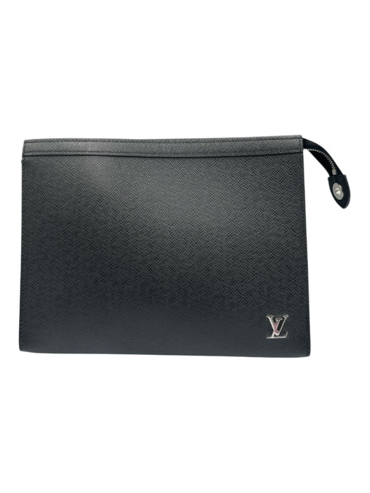 Louis Vuitton Black Taiga Leather Zip Top Silver Logo Clutch Card Slots Bag Black / S
