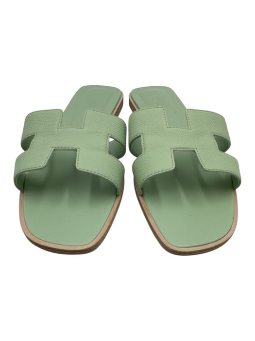 Hermes Shoe Size 42 Mint Green Leather Upper Slide One Strap Mule Flat Sandals Mint Green / 42