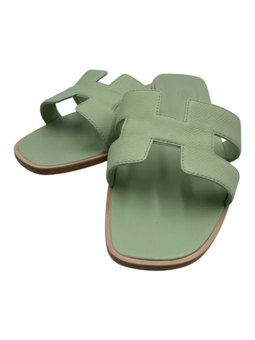 Hermes Shoe Size 42 Mint Green Leather Upper Slide One Strap Mule Flat Sandals Mint Green / 42