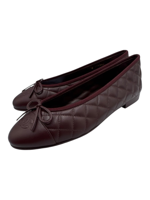 Chanel Shoe Size 42 Burgundy Red Leather Quilted Round Cap Toe Ballet Flats Burgundy Red / 42
