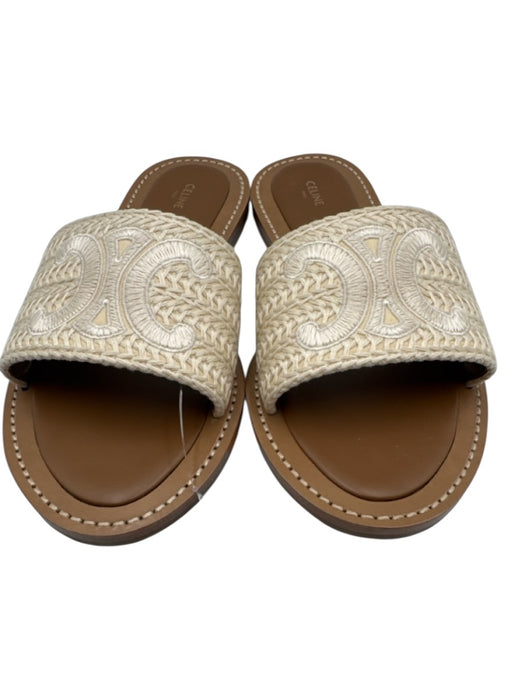 Celine Shoe Size 41 Beige & Tan Leather Textile Triomphe Open Toe Slide Sandals Beige & Tan / 41