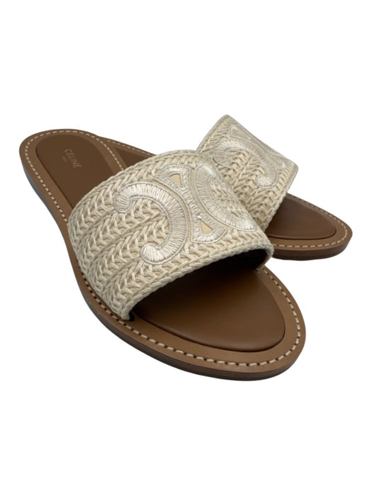 Celine Shoe Size 41 Beige & Tan Leather Textile Triomphe Open Toe Slide Sandals Beige & Tan / 41