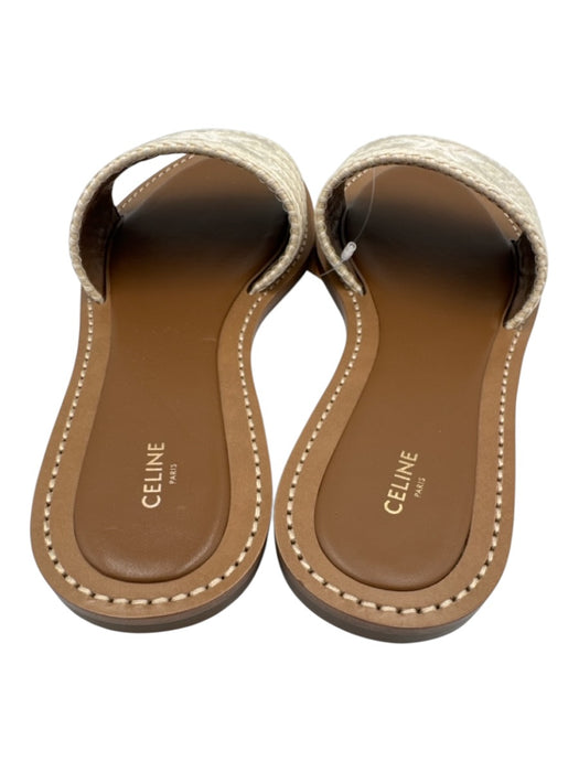 Celine Shoe Size 41 Beige & Tan Leather Textile Triomphe Open Toe Slide Sandals Beige & Tan / 41