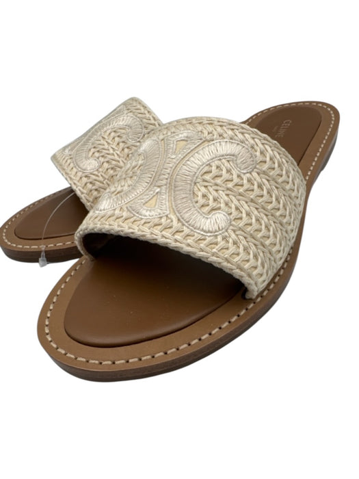 Celine Shoe Size 41 Beige & Tan Leather Textile Triomphe Open Toe Slide Sandals Beige & Tan / 41