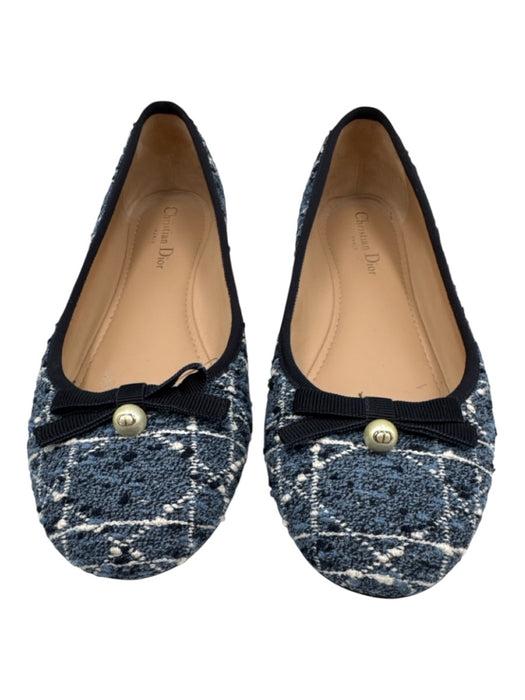 Christian Dior Shoe Size 42 Blue & White Tweed Bow Pearl Detail Logo Flats Blue & White / 42