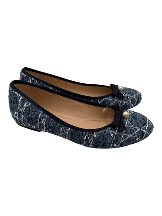 Christian Dior Shoe Size 42 Blue & White Tweed Bow Pearl Detail Logo Flats Blue & White / 42
