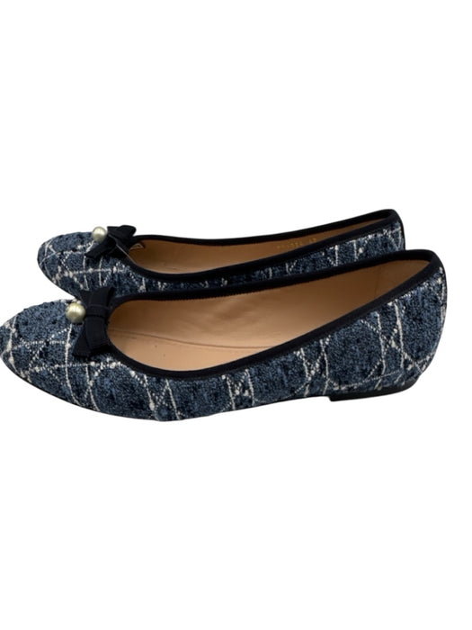 Christian Dior Shoe Size 42 Blue & White Tweed Bow Pearl Detail Logo Flats Blue & White / 42