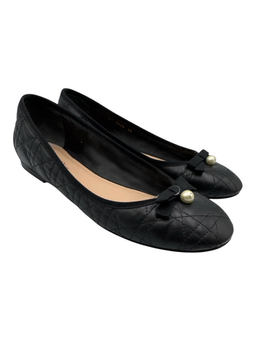 Christian Dior Shoe Size 42 Black Calfskin Leather Quilted Bow Pearl Flats Black / 42