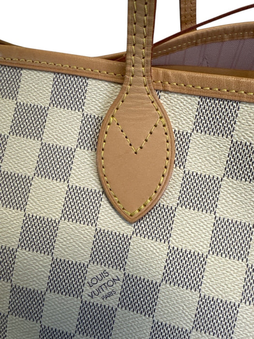 Louis Vuitton Cream & Brown Coated Canvas Leather trim Damier Azur Zip Pouch Bag Cream & Brown / L