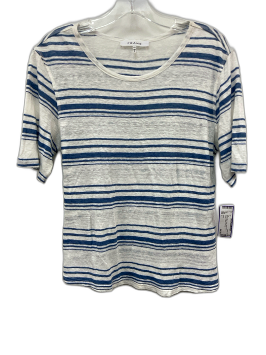 Frame Size L White & Blue Linen Short Sleeve Striped T Shirt Top White & Blue / L