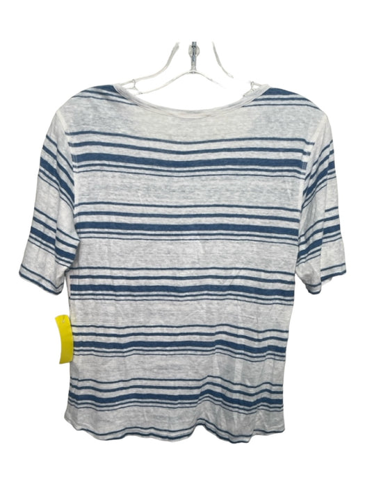 Frame Size L White & Blue Linen Stripe Round Neck Short Sleeve Sheer Top White & Blue / L