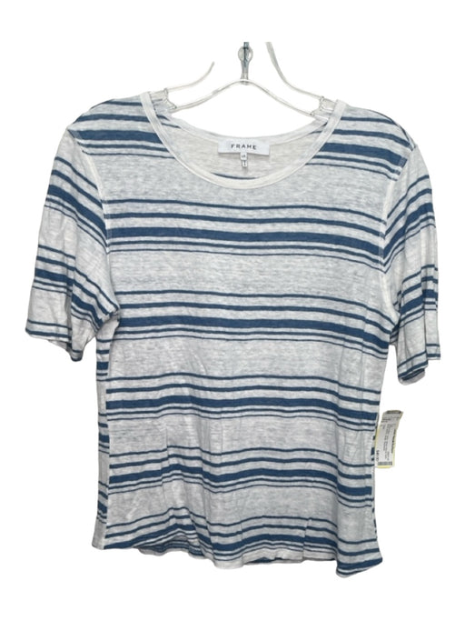 Frame Size L White & Blue Linen Stripe Round Neck Short Sleeve Sheer Top White & Blue / L