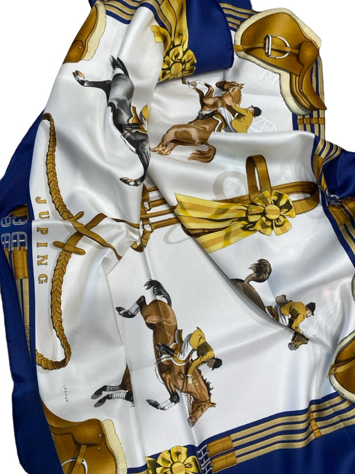 Hermes Navy & white Silk Square Horse Print Saddle Hand Rolled scarf Navy & white / L
