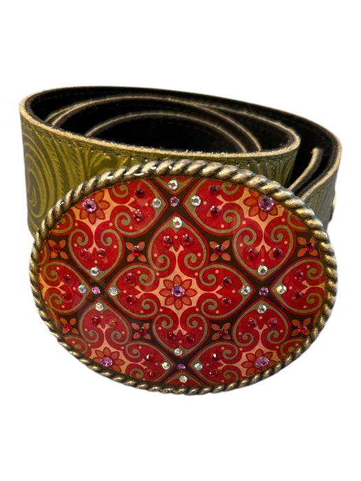 D. L. Rhein Moss Green Leather Round Buckle Rhinestone Embossed Enamel Belts Moss Green / Est M