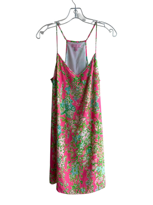 Lilly Pulitzer Size L Pink & Green Silk V Neck Spaghetti Strap Above Knee Dress Pink & Green / L