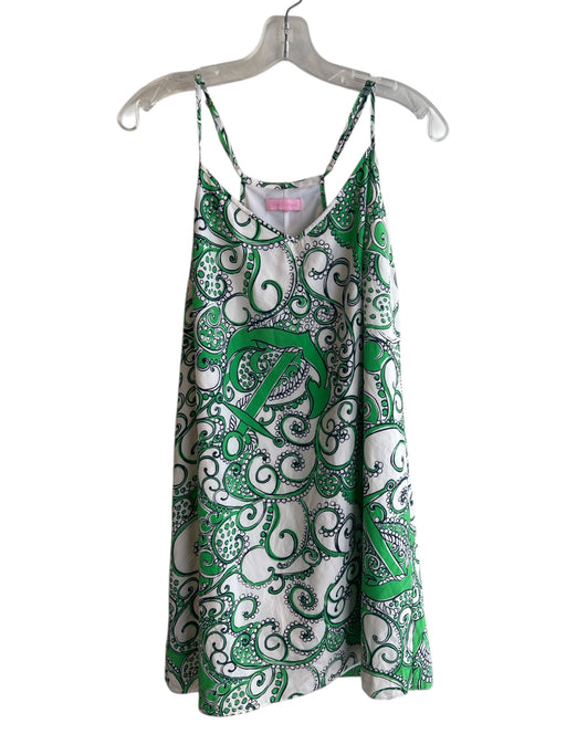 Lilly Pulitzer Size L Green & White Silk V Neck Spaghetti Strap Above Knee Dress