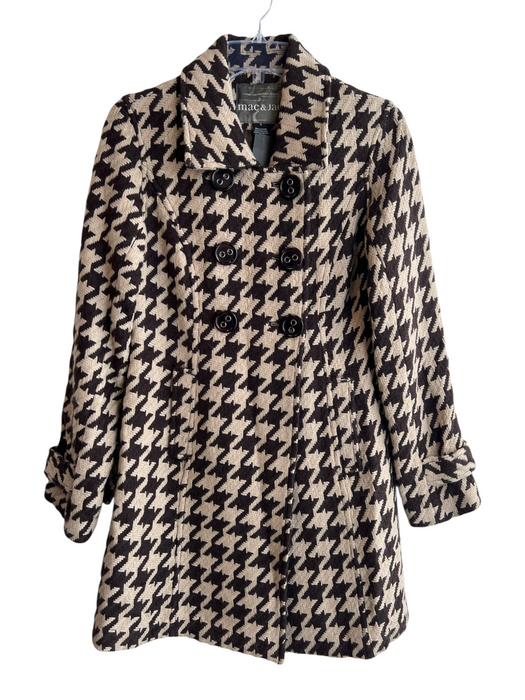 Mac & Jac Size 4 Brown & Beige Acrylic & Wool Houndstooth Double Breast Coat Brown & Beige / 4