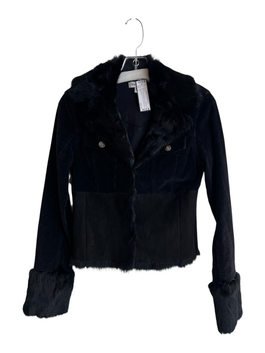 Bebe Size S Black Cotton & Rabbit Fur Hook & Eye Fur Lined Chest Pocket Jacket Black / S