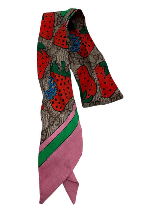 Gucci Brown, Green, Red Silk Guccisima Strawberry Twilly scarf Brown, Green, Red / XS