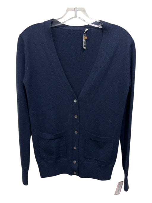 Trina Turk Size P Navy Blue Wool Button Down Front Pocket V Neck Cardigan Navy Blue / P
